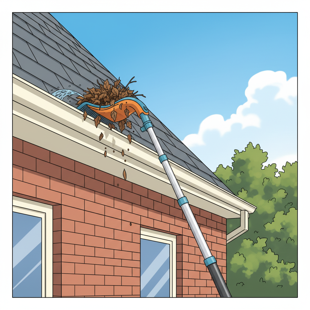 A detailed technical illustration showcasing the safe and effective method of cleaning gutters from the ground. The central focus is a telescopic pole, clearly extended towards a residential roof gutter. An interchangeable gutter cleaning attachment, resembling a curved scoop with a flexible head, is positioned inside the gutter. It is actively scooping out a clump of autumn leaves and minor debris. The lower part of the pole extends downwards out of the frame, implying a user safely on the ground, emphasizing the absence of a ladder. The overall scene should be bright and clean, highlighting the innovation and ease of use of the tools.