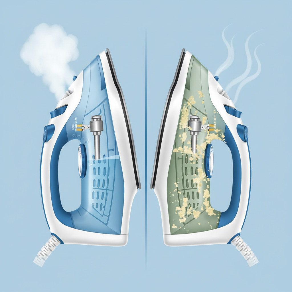 A detailed cutaway diagram of a steam iron's internal components, rendered in a clean, modern infographic style. The left side shows a pristine iron with clear water channels and unblocked steam vents, emitting a strong, even plume of steam. The right side of the iron is visibly affected by thick, jagged yellow-white limescale deposits coating the inside of the water tank, heating elements, and severely clogging the steam channels leading to the soleplate. Only a few weak, uneven wisps of steam escape from the partially blocked soleplate vents, illustrating the impact of limescale buildup.