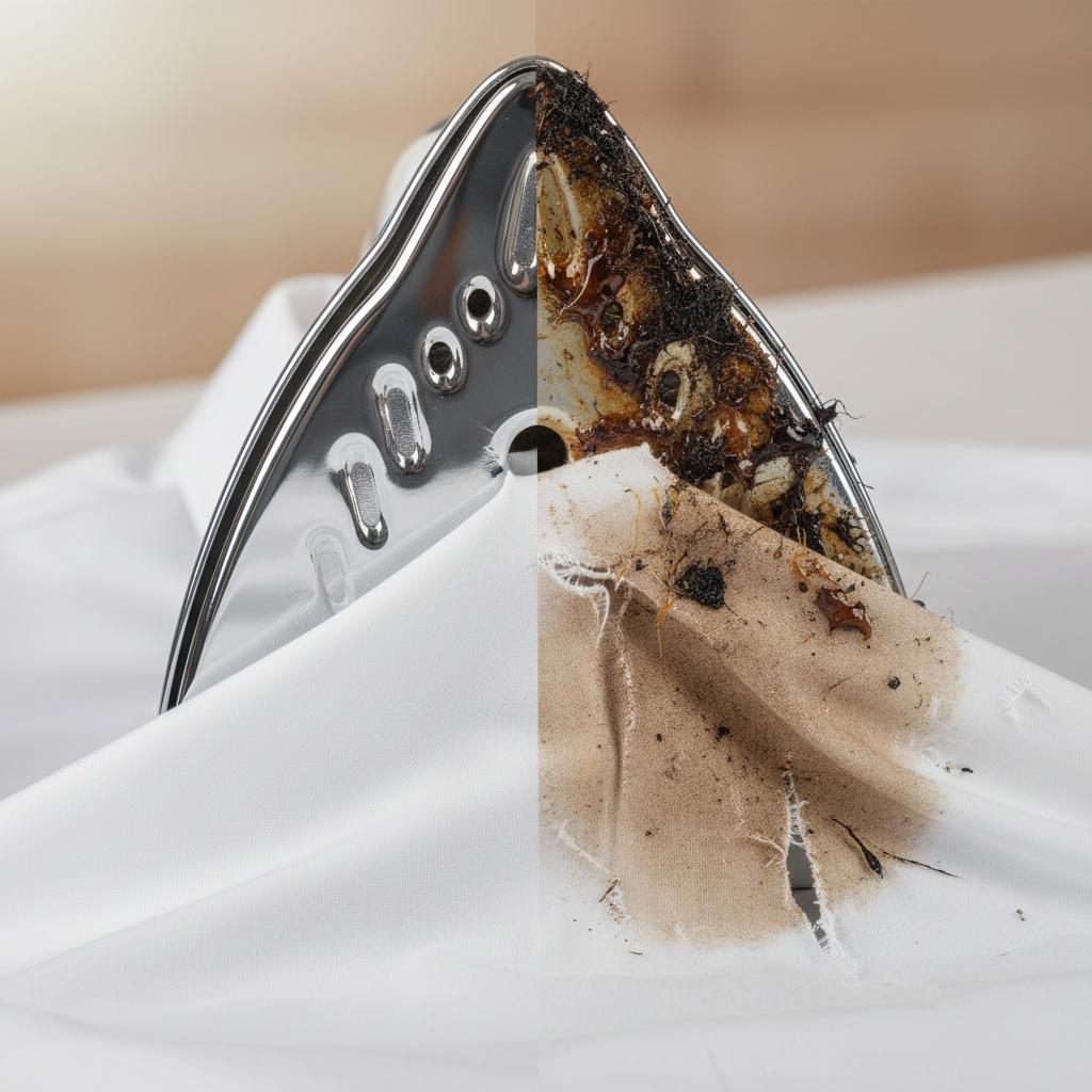 A visually striking close-up professional photo of a steam iron's soleplate, divided into two halves. The left half shows a perfectly clean, smooth, and shiny chrome soleplate, reflecting light beautifully. A pristine white shirt fabric smoothly glides beneath it. The right half displays a soleplate heavily soiled with visible dark, burnt textile fibers, lint, and sticky residue stuck to its surface. This dirty half is dragging and causing a noticeable, dark stain and slight damage to a crumpled white fabric section beneath it, highlighting the issues of poor gliding and fabric contamination.