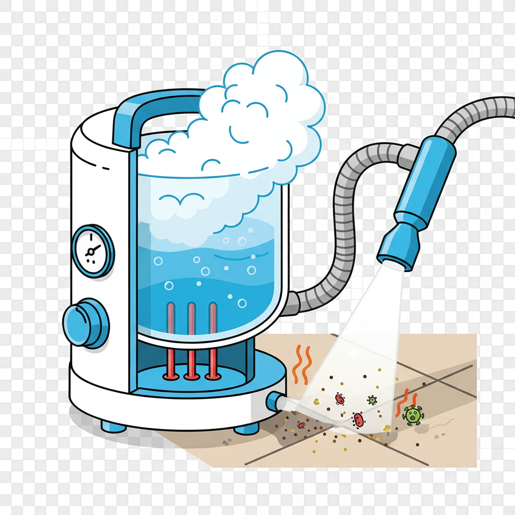 An infographic-style illustration depicting the internal mechanism and action of a steam cleaner. Show a simplified cutaway view of the device, with water inside a boiler being heated, generating visible steam vapor. A pressurized stream of this hot steam should then exit a nozzle, directed at a visibly dirty surface, such as a grout line on a floor tile. Illustrate dirt particles and microscopic bacteria or viruses dissolving and vanishing under the steam's impact, emphasizing the high temperature's sanitizing effect without any chemicals. The overall aesthetic should be clean, scientific, and easily understandable.