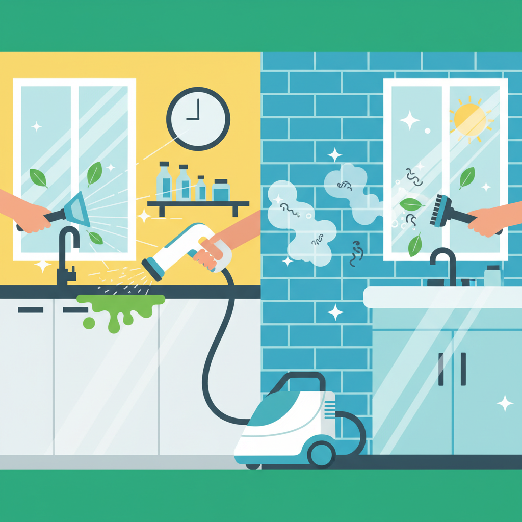 A vibrant flat illustration showcasing the versatile applications and hygienic benefits of a steam cleaner in a modern home. Depict a stylized home interior (e.g., kitchen and bathroom areas) where a sleek steam cleaner is being used on multiple surfaces. Show a clean kitchen counter where grease splatters are visibly vanishing, sparkling bathroom tiles with germs disappearing, and a streak-free window. The scene should convey a sense of effortless cleanliness and freshness, with subtle visual cues suggesting an chemical-free, eco-friendly approach, like green leaf accents or sparkling clean areas. Bright, professional style.