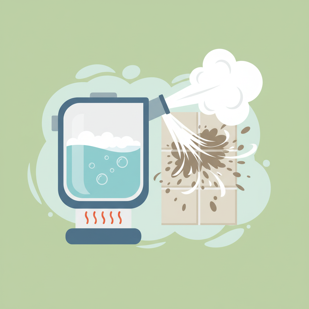 A flat illustration depicting a simplified cross-section of a steam cleaner. Inside the device, clear blue water is shown being heated, with steam visually rising and exiting through a nozzle. The steam is directed onto a dirty surface, perhaps a kitchen tile with visible grime, and shows the grime dissolving away. Subtle, abstract swirling lines or clouds represent the cleaning power of the steam. The overall scene emphasizes water as the sole cleaning agent, with no chemical bottles or substances present, highlighting its eco-friendly nature and effective cleaning process.