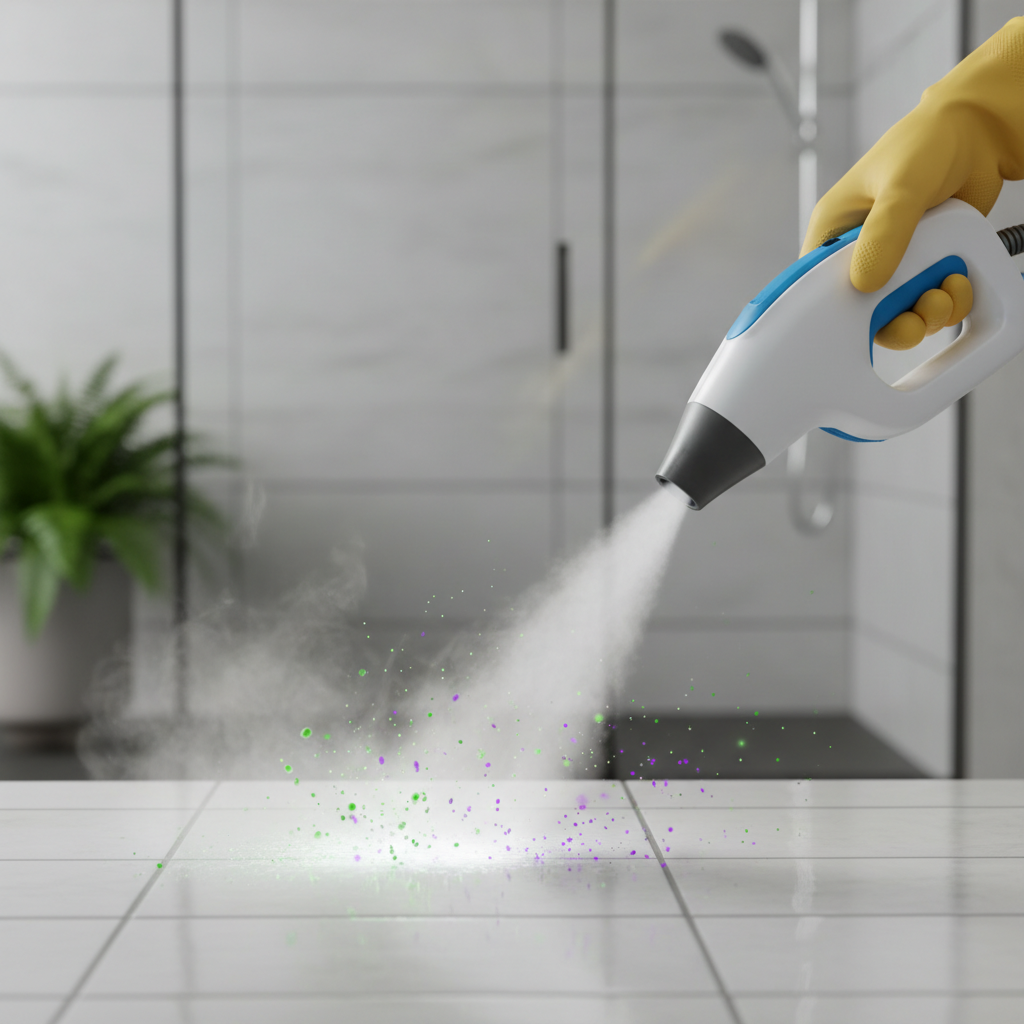 A professional photo capturing a close-up perspective of a steam cleaner in action within a modern, clean home environment. A hand, clearly visible, holds the steam cleaner's nozzle, directing a jet of steam onto a surface like a bathroom shower tile or a gleaming kitchen countertop. The steam is depicted as a translucent, powerful vapor. Tiny, abstract, almost microscopic representations of dirt particles or bacteria are shown visibly dissipating or being swept away by the steam, symbolizing deep hygienic cleaning and disinfection. The background is slightly blurred, maintaining focus on the cleaning process and the spotless result.
