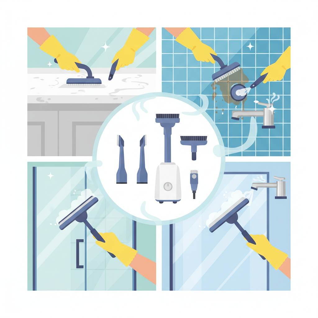 A bright, modern flat illustration showcasing the versatile uses of a steam cleaner. The central element is a sleek, white steam cleaner appliance with various interchangeable attachments. Around it, vignettes or interconnected scenes depict a hand using the steam cleaner to clean diverse surfaces: a gleaming kitchen countertop, sparkling bathroom tiles with steam lifting dirt from grout, a streak-free glass shower door, and a freshly cleaned stainless steel faucet. Subtle visual cues like rising steam, sparkling effects, and clean, vibrant colors emphasize the effectiveness and hygiene achieved across different household areas.