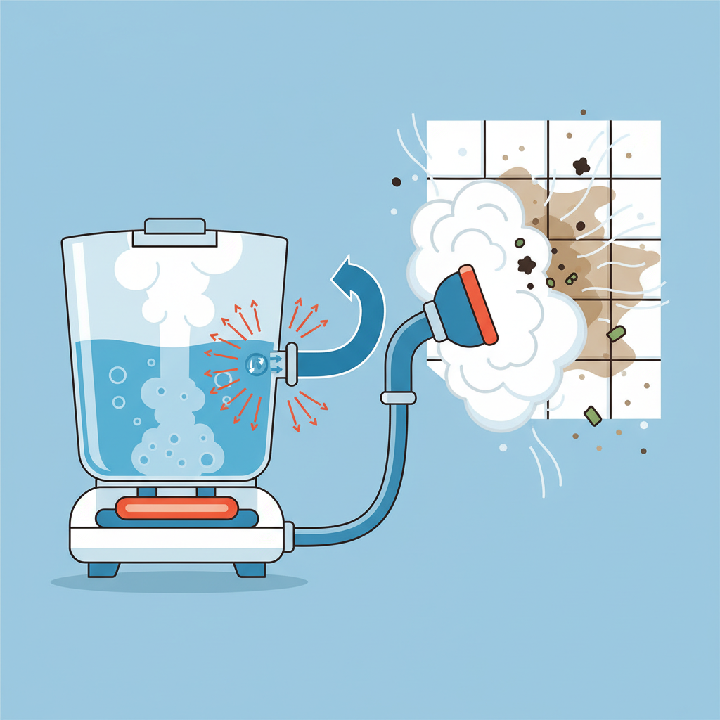An infographic-style illustration depicting the internal mechanism and cleaning action of a steam cleaner. Show a simplified cutaway view of the appliance, revealing water heating up in a reservoir and transforming into high-pressure steam. An arrow guides the steam out through a nozzle towards a visibly dirty surface, such as a grimy kitchen tile or a stained patch. Illustrate the steam enveloping and breaking down dirt particles, fat, and even microscopic bacteria, represented by tiny abstract shapes dissolving. Use clear lines, clean colors, and visual emphasis on heat and pressure for a compelling explanation.