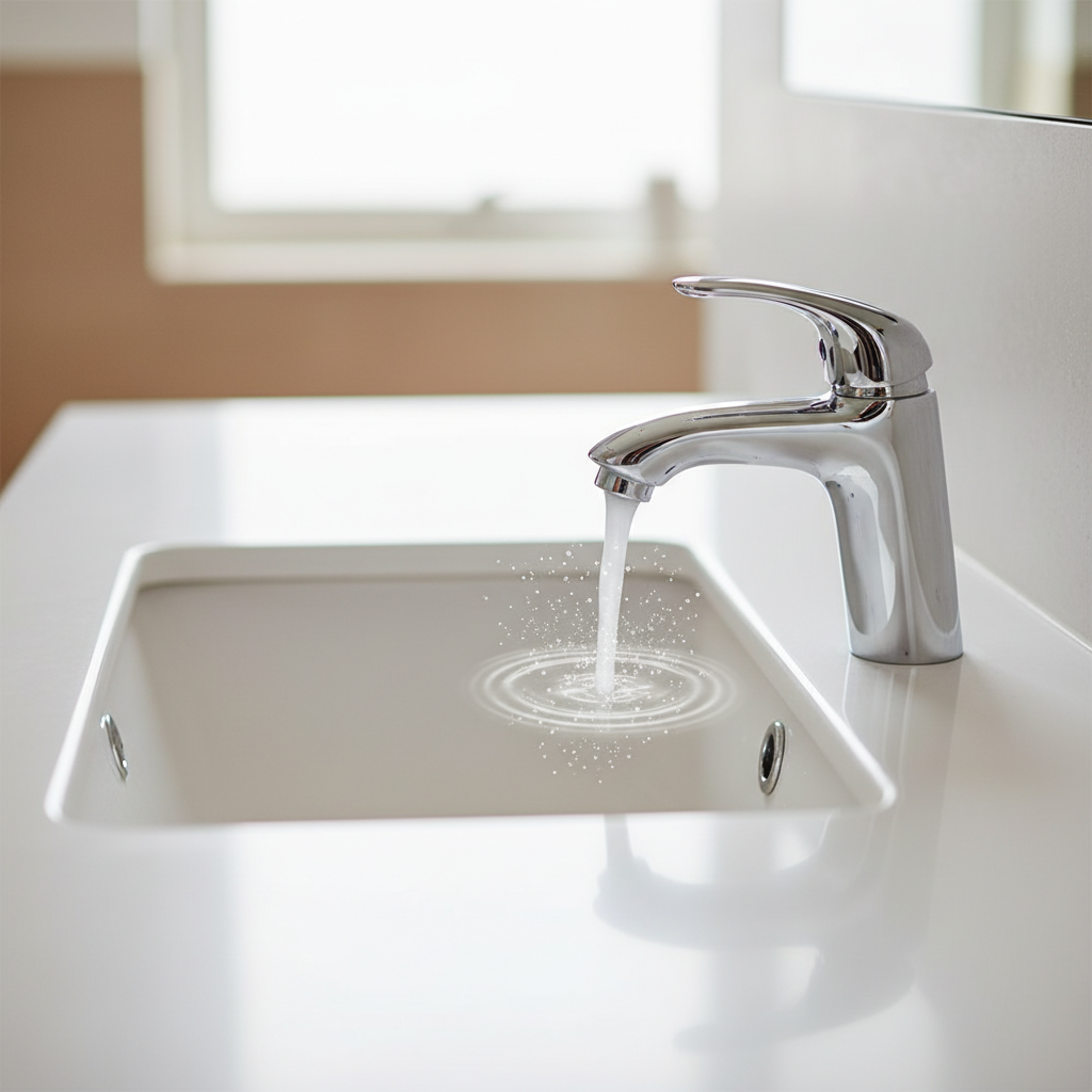 A professional, brightly lit photo of a pristine, sparkling white bathroom counter with a gleaming sink faucet and a polished ceramic sink. Subtle, almost invisible energy waves or microscopic 'clean' particles emanate from the cleaned surfaces, conveying a sense of deep disinfection and hygiene. The background is softly blurred, focusing on the fresh, sanitized purity of the cleaned area, highlighting effective strong cleaning without any visible product bottles.
