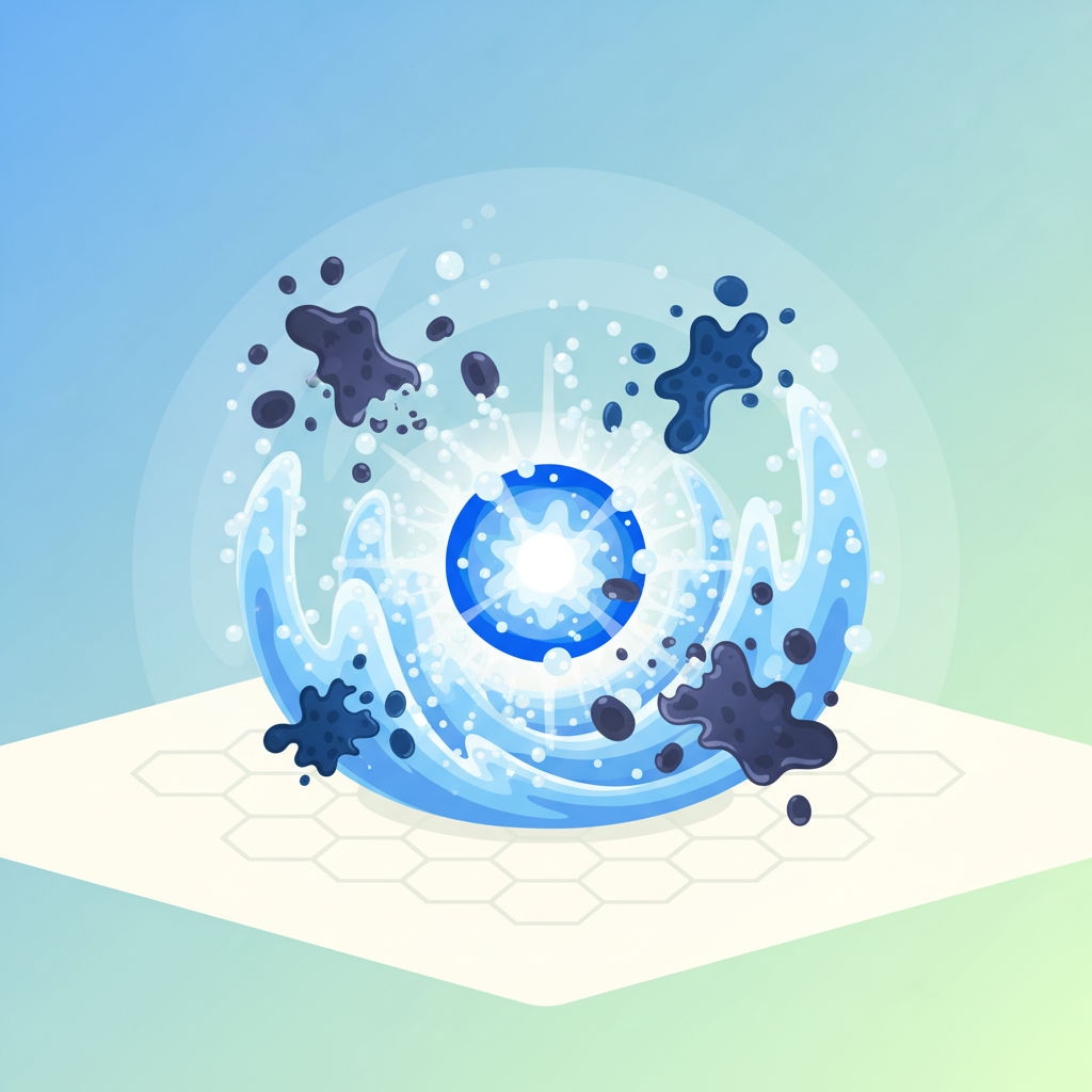 An abstract, infographic-style illustration depicting the chemical action of a powerful cleaning agent. A central, stylized, bright blue or white core represents the active component, emitting powerful, swirling energy waves or bubbles. These waves are seen actively dissolving or neutralizing multiple dark, amorphous, blob-like shapes, symbolizing bacteria, viruses, and fungi, on a simplified, light-colored surface. The overall color palette is clean, with blues, whites, and subtle greens, conveying efficacy and a scientific process.