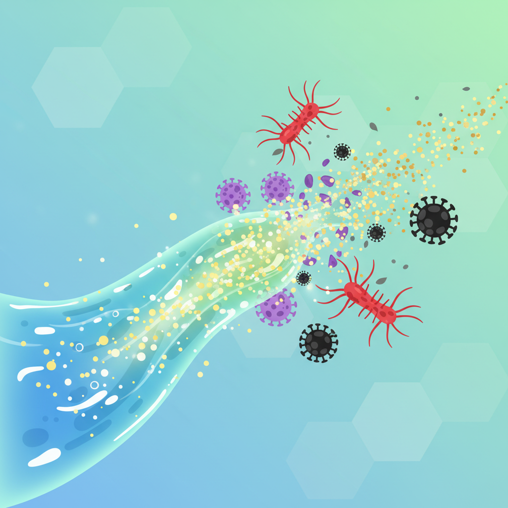 A vibrant, detailed flat illustration depicting the microscopic action of a powerful cleaning agent. Swarms of stylized, distinctively shaped bacteria and virus particles are visible, some looking menacing or intricate. From one side, a wave of bright, energetic liquid, perhaps with a subtle glow, surges through the scene. This liquid actively breaks down and dissolves the microorganisms, causing them to fragment and dissipate into harmless, sparkling dust, symbolizing comprehensive disinfection and hygiene. The overall mood is one of effective eradication and purification.