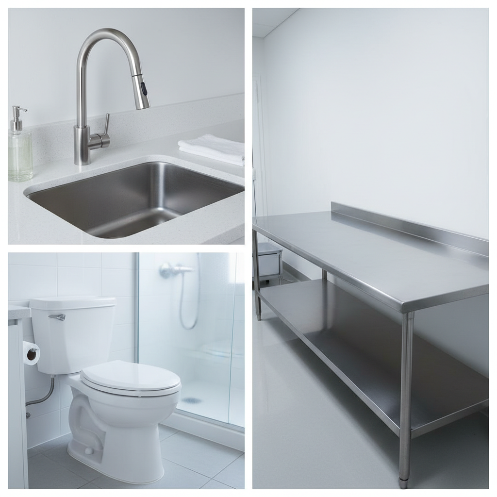 A professional, clean photo montage showcasing various sanitized environments. The image is split into multiple panels or a seamless collage. One section displays a meticulously clean kitchen sink with a gleaming faucet and countertop, free of any visible grime. Another panel features a spotless bathroom, perhaps a sparkling toilet bowl and shining tiles. A third part could show a sterile, empty surface in a commercial context, like a stainless steel work table. The overall impression is one of absolute hygiene and pristine cleanliness across diverse settings, highlighting the product's versatility.