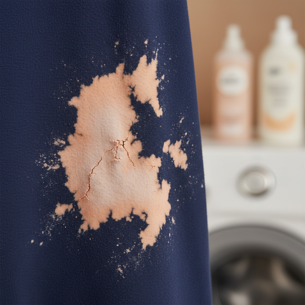 A close-up professional photo of a dark blue cotton t-shirt with a stark, irregular, bleached-out patch. The lighter orange-white stain stands out prominently against the fabric's original deep color, clearly illustrating the damaging effect of Danklorix. Fabric textures are visible, adding to the realism. The background is softly blurred, hinting at a domestic setting like a laundry room, focusing all attention on the stubborn stain. The image should convey the visual challenge of such a mark.