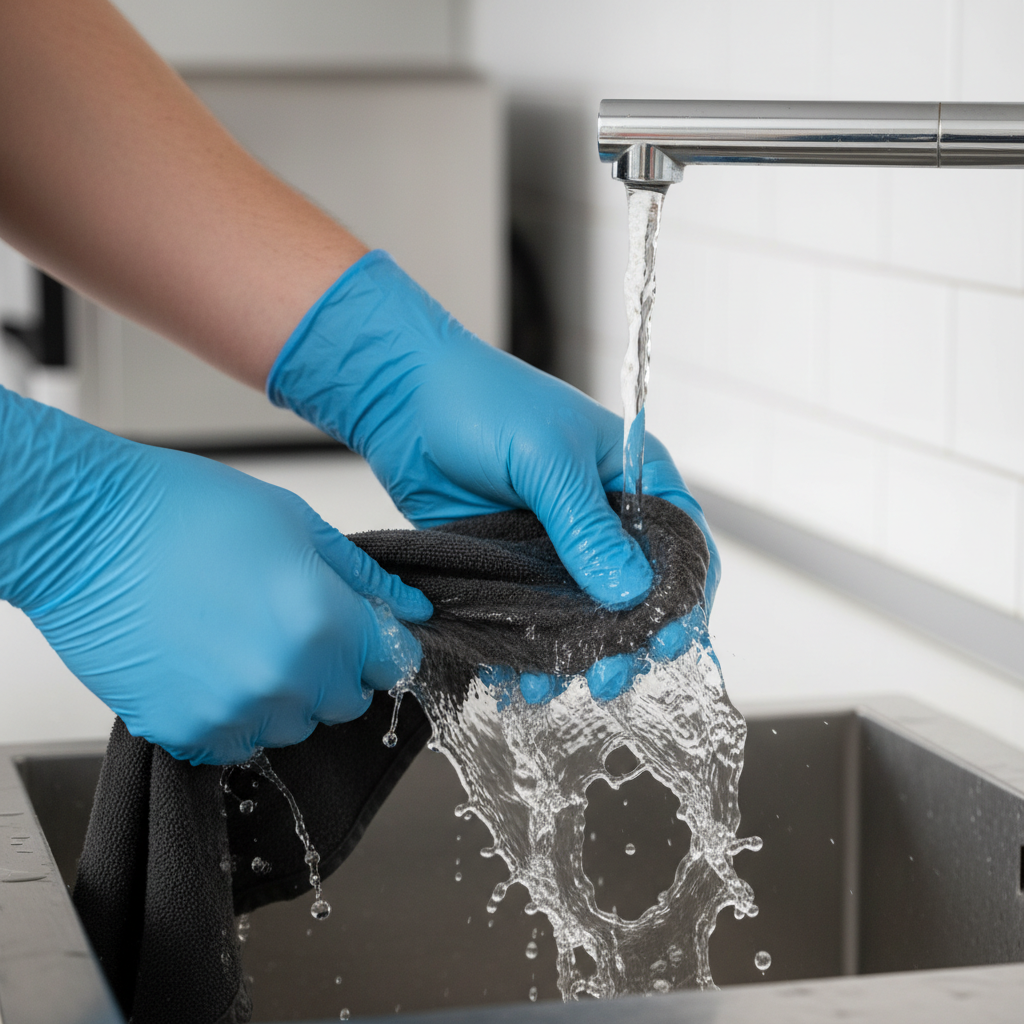 A realistic action shot capturing the immediate response to a Danklorix spill. A pair of hands, perhaps wearing protective gloves, are quickly rinsing a small, clear liquid splash off a dark-colored kitchen countertop or a piece of textile under a stream of cold, running water from a faucet. The flowing water creates dynamic visual interest, emphasizing the urgency and effectiveness of rapid dilution. The scene should convey a sense of 'first aid' against chemical damage in a clean, professional manner.