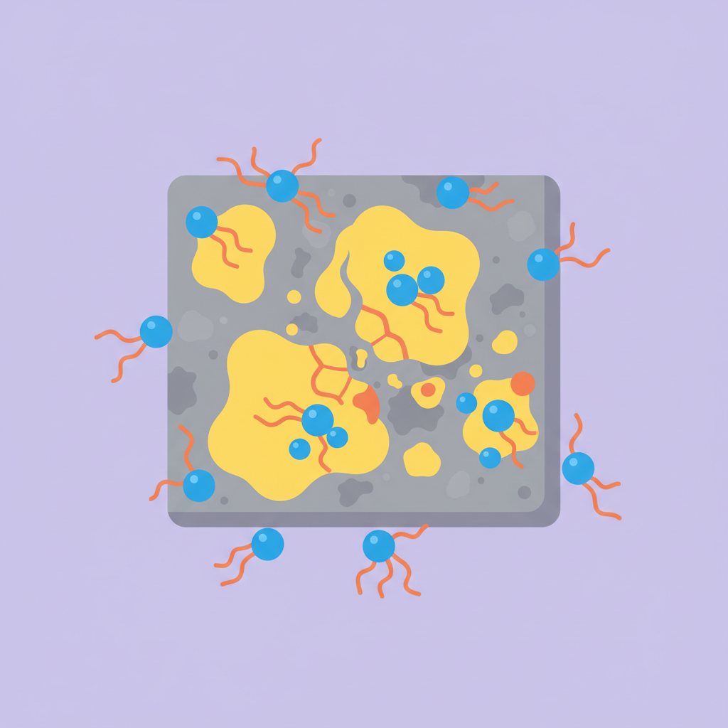 A clean, minimalist infographic-style illustration depicting the microscopic action of a powerful cleaning agent. The scene shows a close-up of a greasy surface, with large, irregular yellow blobs representing fat molecules adhered to a textured grey background. Tiny, stylized surfactant molecules, each with a distinct hydrophilic 'head' (blue sphere) and lipophilic 'tail' (orange lines), are actively surrounding and detaching the fat blobs. Some fat blobs are seen breaking apart into smaller, emulsified particles, visually explaining the process of dissolving grease. The overall atmosphere has a subtle purple hue, indicating an alkaline environment. Focus on clarity and a scientific, easy-to-understand visual explanation.