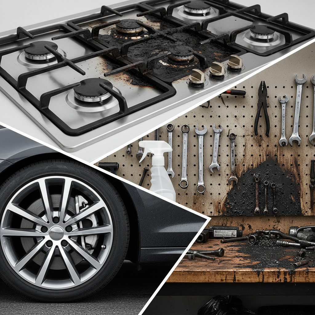 A dynamic, professional product photography composite image showcasing the diverse application areas and effectiveness of a powerful grease remover. The image features three distinct vignettes, seamlessly integrated: a sparkling clean kitchen stovetop juxtaposed with a greasy, burnt-on section; a pristine, shiny car wheel rim next to a brake-dust and oil-stained section; and a clean, organized workbench with tools, contrasted by a section covered in workshop grease and grime. A generic spray bottle, symbolizing the cleaner, is subtly visible in the background of one vignette. Emphasize the dramatic before-and-after contrast and the visual satisfaction of cleanliness.