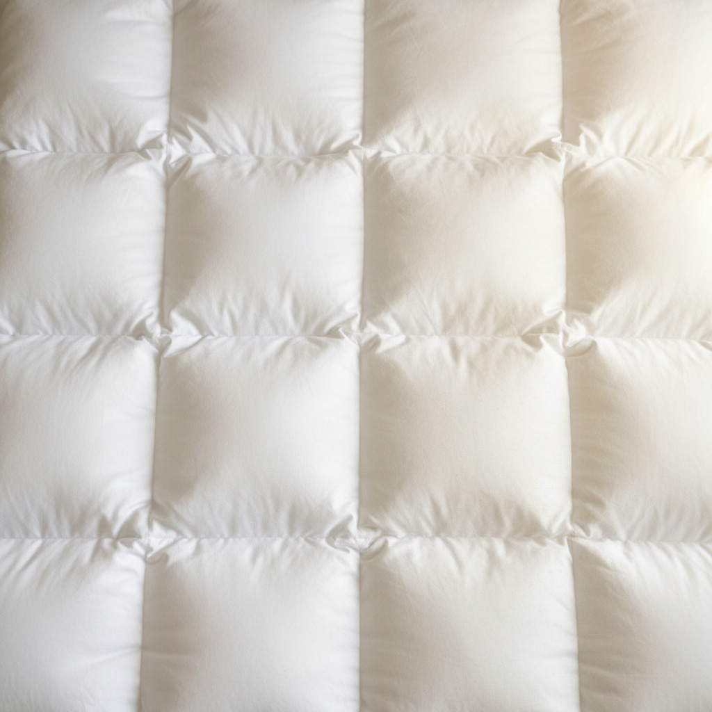 A professional photo of a luxurious, fluffy white down duvet. One half of the duvet is bright, perfectly plumped, and appears fresh and inviting, representing hygiene and good care. The other half shows a subtle contrast, appearing slightly less voluminous, perhaps with a very slight, almost imperceptible dullness in color, hinting at accumulated dust or moisture. The image should convey the importance of proper care through visual freshness versus slight neglect, maintaining an overall appealing aesthetic. The lighting is soft and warm.