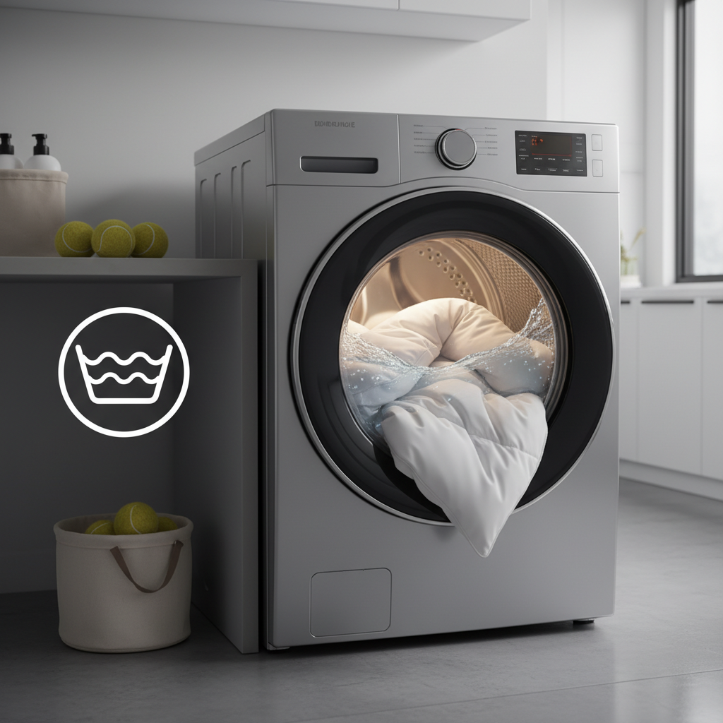 A realistic digital illustration depicting a large, modern front-loading washing machine in a clean, contemporary laundry room. Inside the machine, a plump, white down duvet is gently tumbling during a wash cycle. Subtle visual cues are present near the machine: an icon resembling a care label (e.g., a wash tub symbol with a temperature, but no actual numbers or text) and a few dryer balls (looking like tennis balls). The scene should emphasize the action of washing a large item and the tools involved for home cleaning, with a focus on cleanliness and proper procedure.