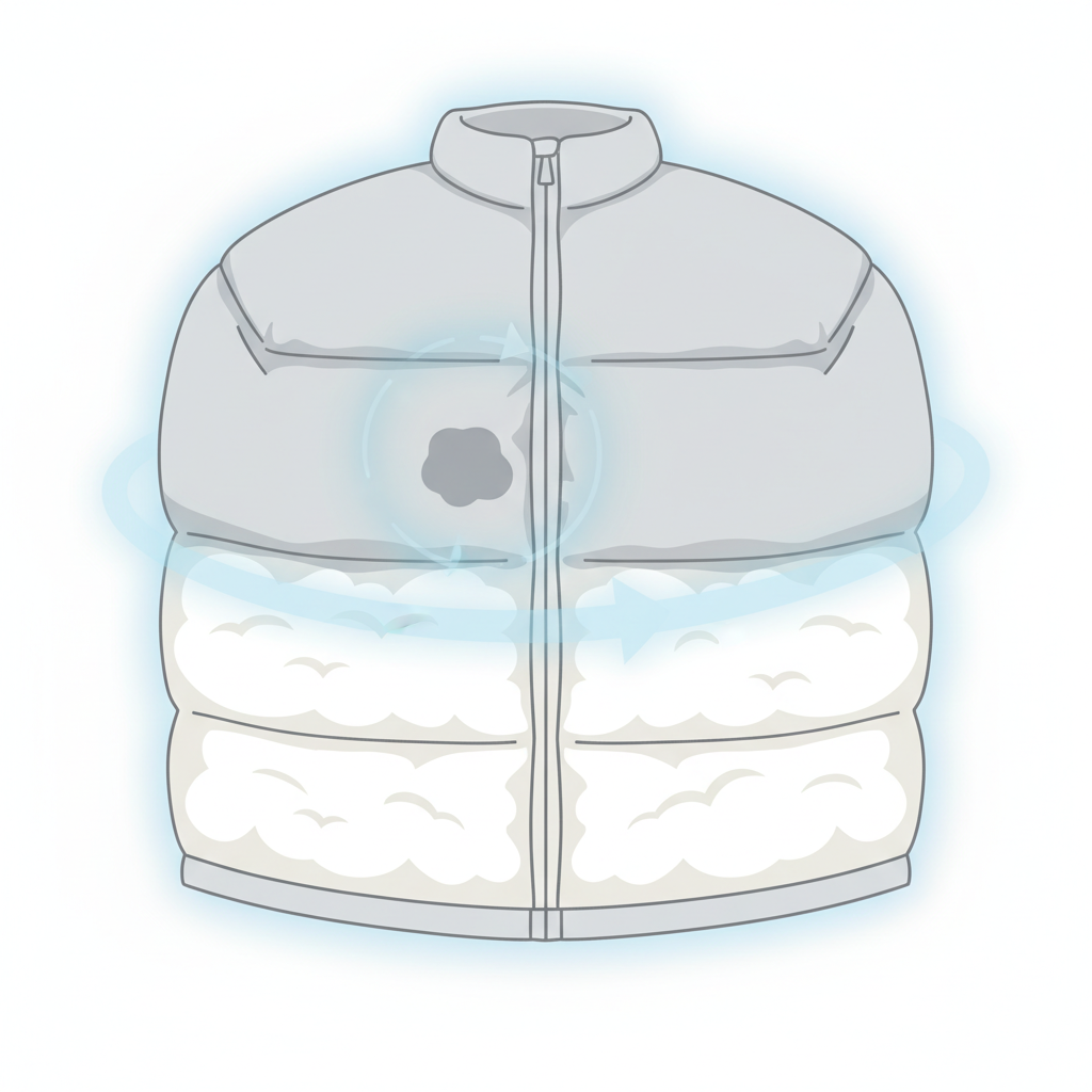 A modern, clean flat illustration depicting a stylized cross-section of a down jacket. The illustration clearly shows the outer fabric layer (e.g., light grey nylon), the inner lining, and the individual chambers filled with soft, fluffy white down clusters. A small, subtle dark spot (representing a stain) is visible on the outer fabric. An almost transparent, gentle 'cleaning action' aura or soft arrows indicate gentle care being applied to the stain, emphasizing the protection of the delicate internal down structure. The overall aesthetic is informative and visually calm, using a limited color palette with soft contrasts.