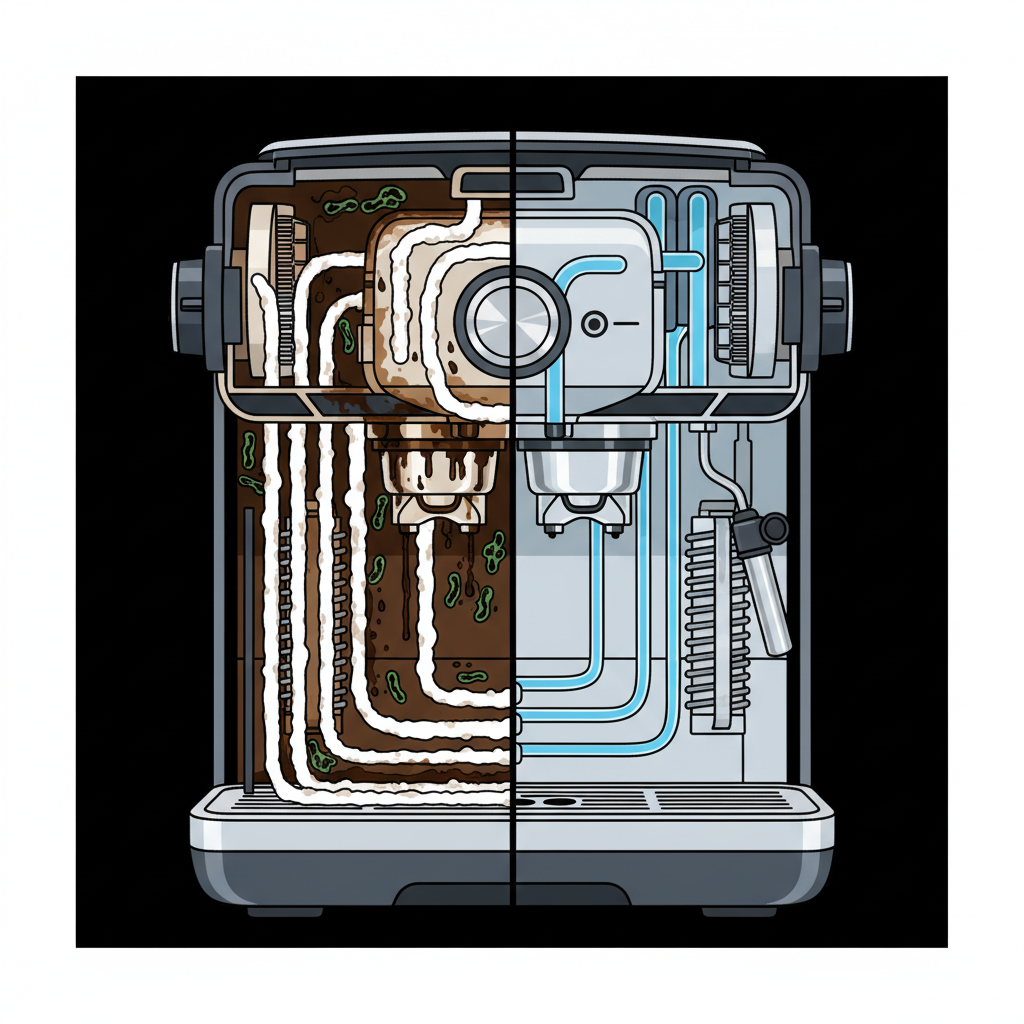 A detailed infographic-style cross-section illustration of a stylized DeLonghi coffee machine. The left side visually represents internal components like water pipes, a brewing unit, and a heating element, heavily clogged and dirty. Limescale appears as thick white crusts restricting water flow in channels, and dark, oily coffee residues are visible within the brewing parts. The right side depicts the same components sparkling clean and unobstructed, with clear water channels and a pristine heating element. Subtle, illustrative symbols suggesting bacteria or mold could be hinted at on the dirty side. The overall aesthetic should feature clean lines and clear differentiation between the clogged and clean states, using a modern, informative color palette.