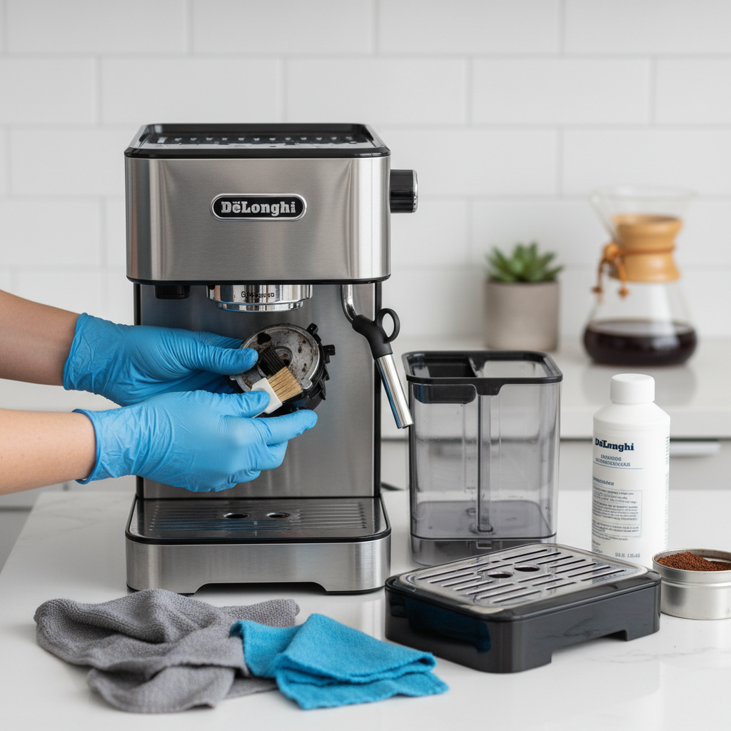 A bright, professional photo showcasing a person's hands meticulously cleaning a sleek, modern DeLonghi coffee machine. The machine's various removable parts, such as the brewing unit or drip tray, are visible, either being actively wiped clean or already sparkling. Cleaning tools like small brushes, microfiber cloths, and perhaps a branded descaling solution bottle are neatly arranged nearby, suggesting a comprehensive cleaning process. The background is clean and minimalistic, ensuring the focus remains on the act of maintenance. The overall impression should convey care, precision, and the satisfaction of a well-maintained appliance, hinting at the promise of perfect coffee.