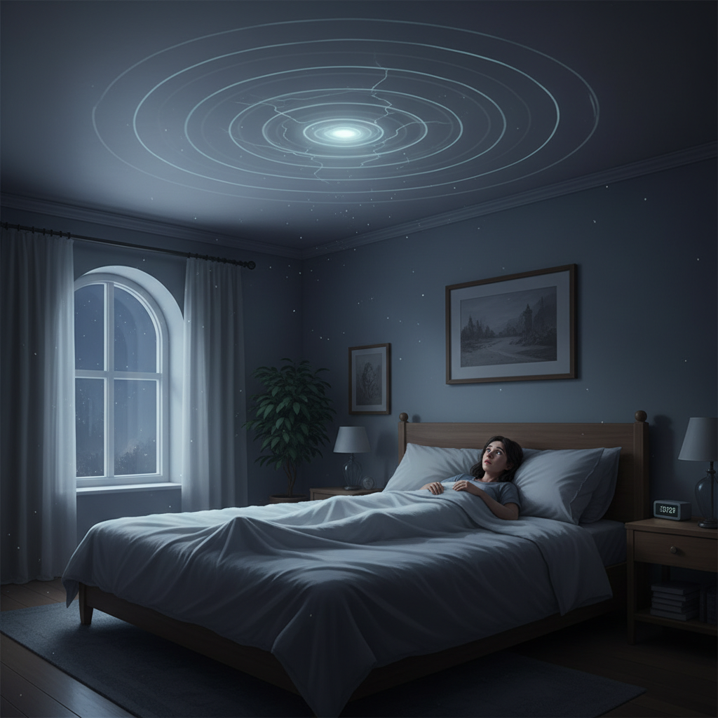 A peaceful bedroom scene at night, subtly disturbed. A person lies awake in bed, looking up at the ceiling with a curious and slightly concerned expression. Soft moonlight streams through a window. From a specific point on the ceiling, subtle, almost visible sound waves or concentric circles emanate, indicating the 'cracking' noise in an abstract, purely visual manner. The overall atmosphere is quiet and slightly mysterious, emphasizing the distinctness of the sound in the stillness. Realistic digital painting with atmospheric lighting.