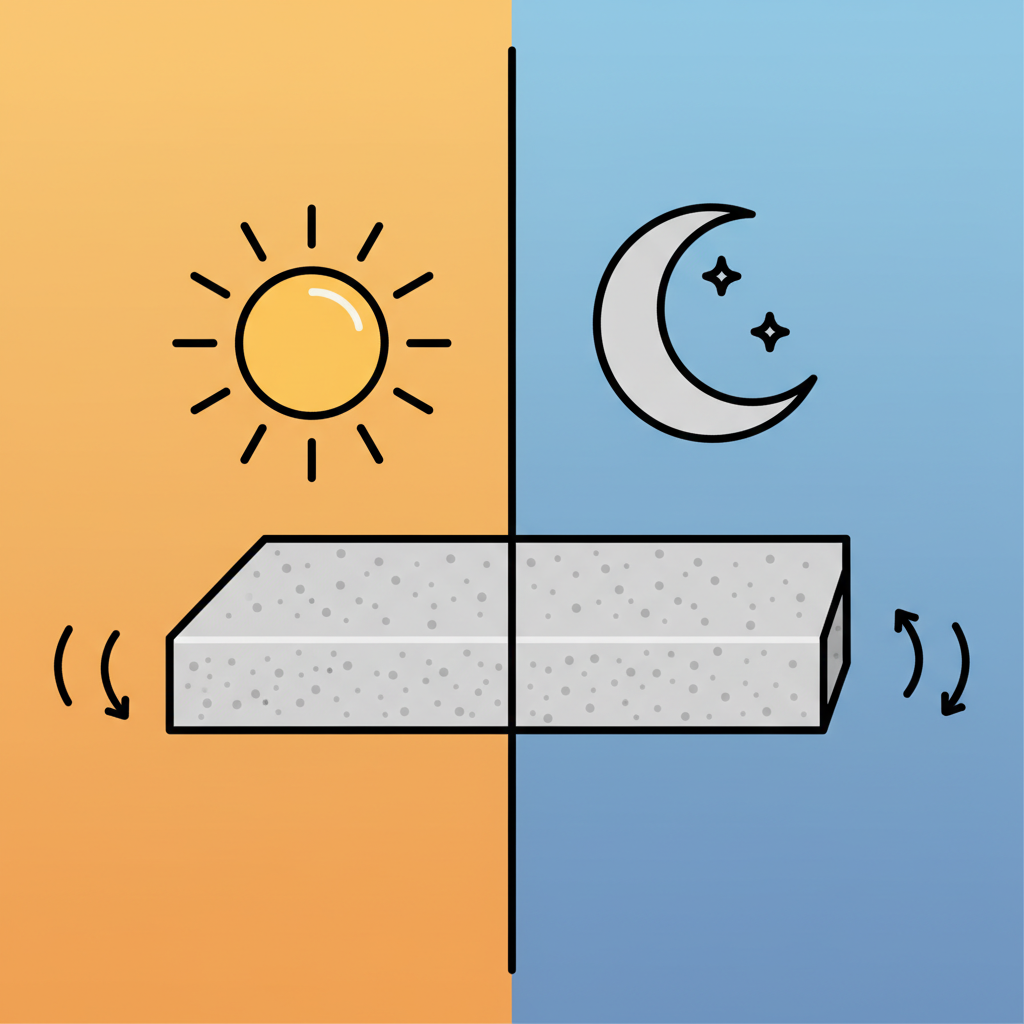 An infographic-style illustration demonstrating thermal expansion. A building material cross-section, perhaps a wooden beam or a concrete slab, is depicted. On one side, a prominent sun icon above the material shows it subtly expanded, indicated by gentle outward arrows or a slightly larger form. On the other side, a moon icon above the same material shows it slightly contracted, with subtle inward arrows or a reduced form. The visual contrast clearly illustrates expansion and contraction due to temperature shifts. Flat illustration, clean lines.