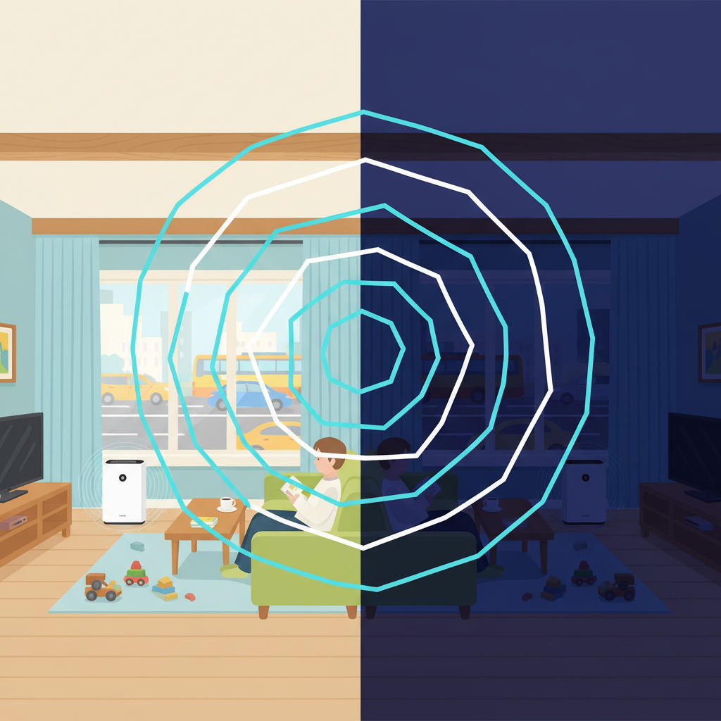 A split-scene illustration contrasting day and night soundscapes within a home. On one side, a bright, active daytime living room scene with subtle visual indicators of ambient noise, like faint, blurred representations of street traffic outside the window or a quiet hum emanating from a distant appliance. On the other side, the same room at night, dark and profoundly quiet. Here, prominent, abstract sound waves or lines visibly emanate from the ceiling, representing the distinct and noticeable cracking sound in the stillness of the night. Stylized illustration, clean vector art.