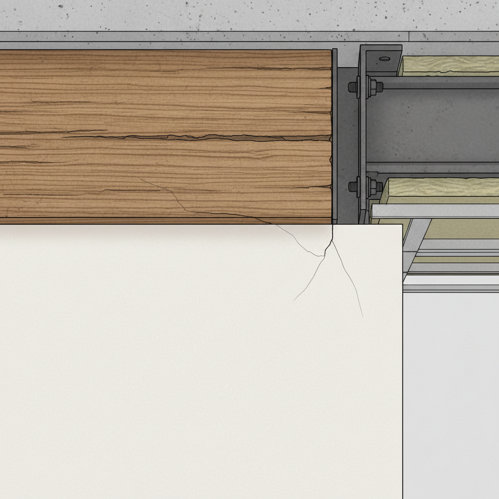 A detailed technical illustration of a ceiling cross-section, focusing on the interplay of different building materials. Highlight a junction where a wooden beam meets a plaster surface or a metal bracket. Show very subtle, almost imperceptible visual cues of stress: tiny, hair-thin cracks appearing in the plaster adjacent to the beam, or a slight, visible gap opening/closing between two joined materials. The emphasis is on the fine movements and tensions within the structure caused by material interaction. Architectural drawing style with realistic material textures.