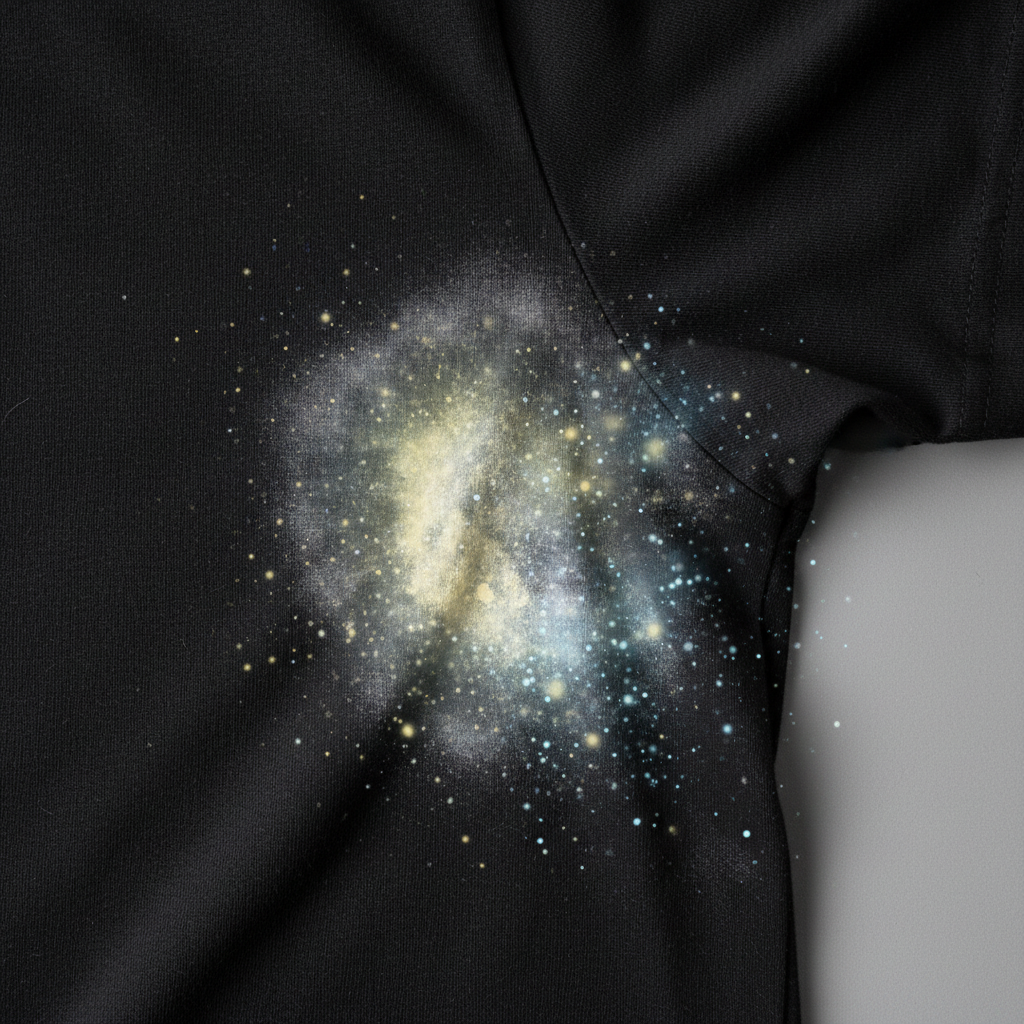 A close-up, high-definition professional photo showcasing a black t-shirt with visible yellowish-white deodorant stains in the armpit area. The fabric fibers should be clearly distinguishable, emphasizing the embedded nature of the stains. A subtle, conceptual overlay of abstract, glowing particles could emanate from the stained area, hinting at the chemical reaction of aluminum compounds with sweat within the fabric. The lighting should be clean and crisp, highlighting the contrast between the dark fabric and the light stains, conveying a common and identifiable household problem.