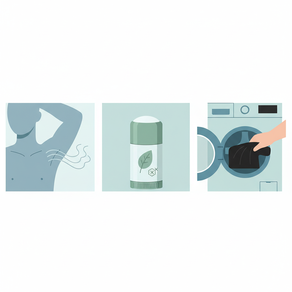 A clean, modern flat illustration presented as a horizontal triptych, visually demonstrating key prevention tips for deodorant stains. The first panel shows an armpit drying after deodorant application, with a subtle 'dry' visual cue like evaporating mist. The second panel features a sleek deodorant stick clearly designed to visually imply 'aluminium-free' (e.g., a green leaf motif or a simple 'X' over a generic chemical symbol, not actual words). The third panel depicts a black t-shirt being gently placed into an open washing machine drum. The color palette should be fresh and inviting, using soft blues, greens, and grays against the black fabric.
