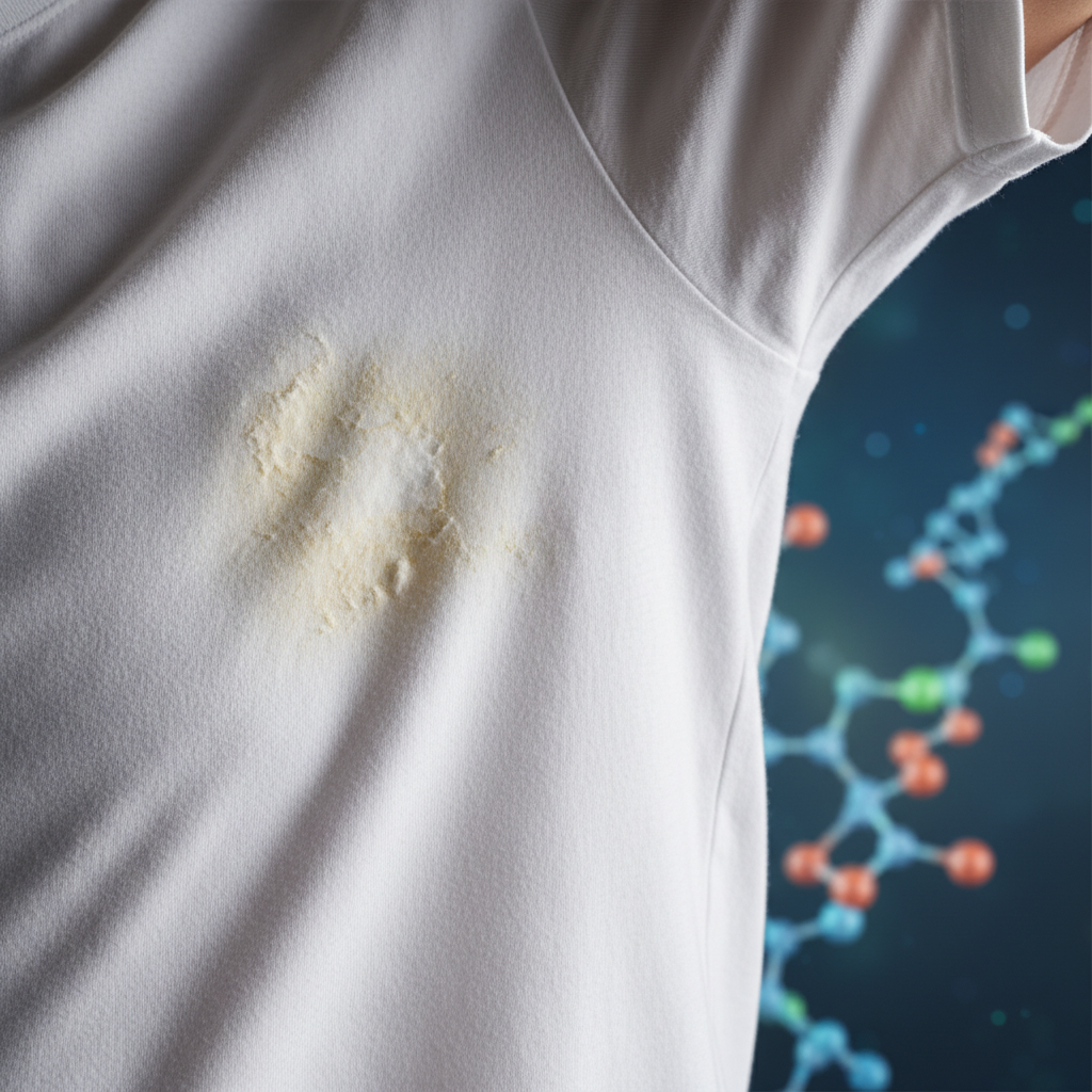 A professional studio photograph of the underarm section of a crisp white t-shirt. The fabric clearly shows a prominent, stubborn yellowish-white deodorant stain that has deeply set into the fibers. The lighting should highlight the texture of the fabric and the discoloration of the stain, emphasizing its ingrained nature. In the background, subtly out of focus, abstract, glowing molecular shapes could represent the chemical reaction of aluminum salts and sweat causing the stain, creating a sense of scientific explanation for the problem. The focus is purely on the visual problem of the stain.