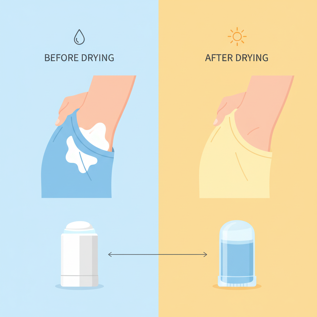 A vibrant, flat illustration in a clean, modern infographic style. The image is conceptually split into two distinct panels, illustrating effective prevention methods. The left panel, representing 'before drying,' shows a hand hastily pulling a t-shirt over an armpit with visibly wet, white deodorant, resulting in a transfer smear on the fabric. The right panel, representing 'after drying,' shows an arm with clear gel deodorant applied, completely dry, with a clean t-shirt being effortlessly put on. Additionally, a subtle visual comparison of two deodorant types: one opaque white stick and one transparent gel stick, indicating a better choice without any labels.