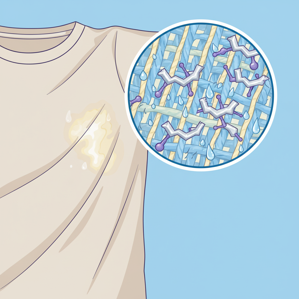 A detailed scientific illustration showing the armpit area of a light-colored t-shirt with visible yellow and white deodorant stains. A magnified circular inset on the image provides a microscopic view of textile fibers. Within this magnified view, stylized representations of aluminum salt molecules and sweat droplets are depicted interacting with the fabric strands, causing discoloration and subtle damage to the fibers. Use a clean, educational infographic style with vibrant yet clear colors to differentiate the components and processes.