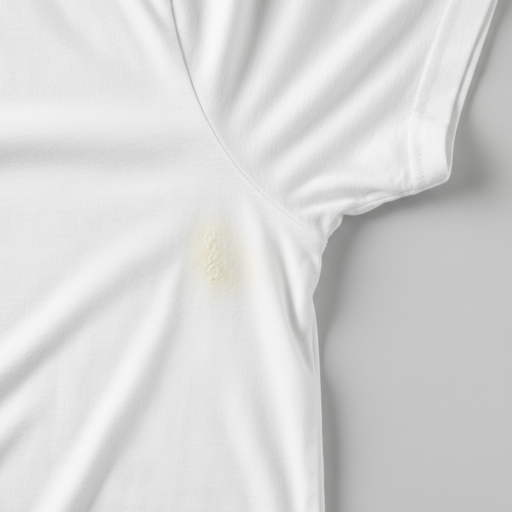 A high-resolution, close-up photograph of the underarm area of a pristine white cotton t-shirt. A prominent, yellowish-white deodorant stain is clearly visible, showing a slightly stiff or encrusted texture against the soft fabric. The surrounding white fabric should appear clean and bright, emphasizing the unsightly discoloration. The lighting is bright and even, casting subtle shadows to give depth to the fabric texture. The background is a clean, minimalist white or light grey, ensuring the focus remains entirely on the garment and the stain.