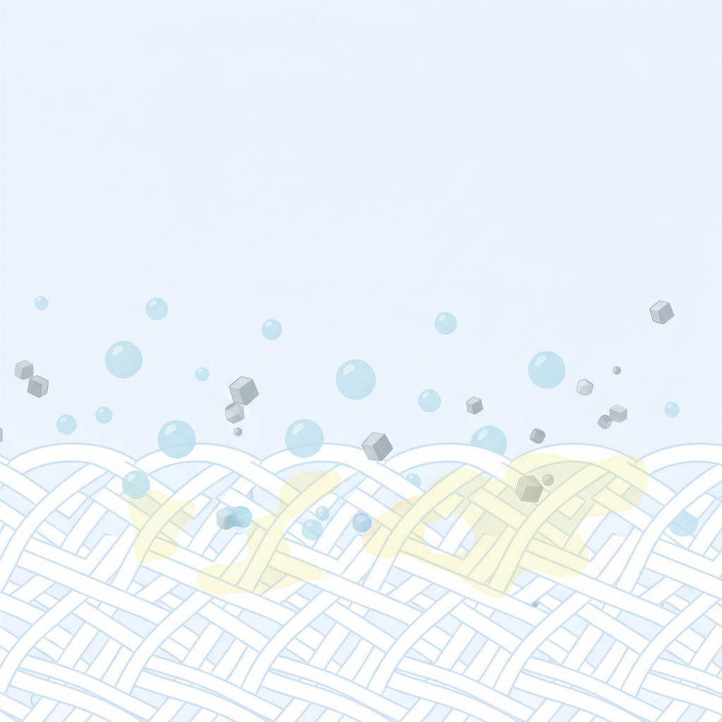 A clean, modern flat illustration depicting the microscopic formation of a deodorant stain on a fabric. Show a cross-section of interwoven white fabric fibers. Above the fibers, abstract representations of sweat droplets (light blue spheres) and aluminum salt molecules (small silver or grey geometric shapes) are shown interacting. As they meet the fabric, a subtle chemical reaction causes a translucent, yellowish film to form and adhere firmly to the white fibers. The illustration uses a soft, light color palette, making the process clear and easy to understand without any text or labels.