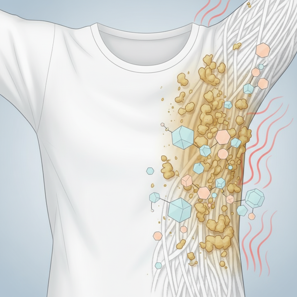 A stylized, scientific illustration showing a cross-section of fabric fibers from a white t-shirt's underarm area. The fibers on one side are clean and pristine. On the other side, intertwined with the fibers, are visible yellowish-brown deposits representing deodorant stains. Subtle, abstract molecular shapes representing sweat proteins and aluminum salts are depicted bonding together and adhering to the fabric, with faint, wavy lines around the stained area suggesting heat fixation. The overall style should be clean, informative, and slightly microscopic, highlighting the chemical interaction.