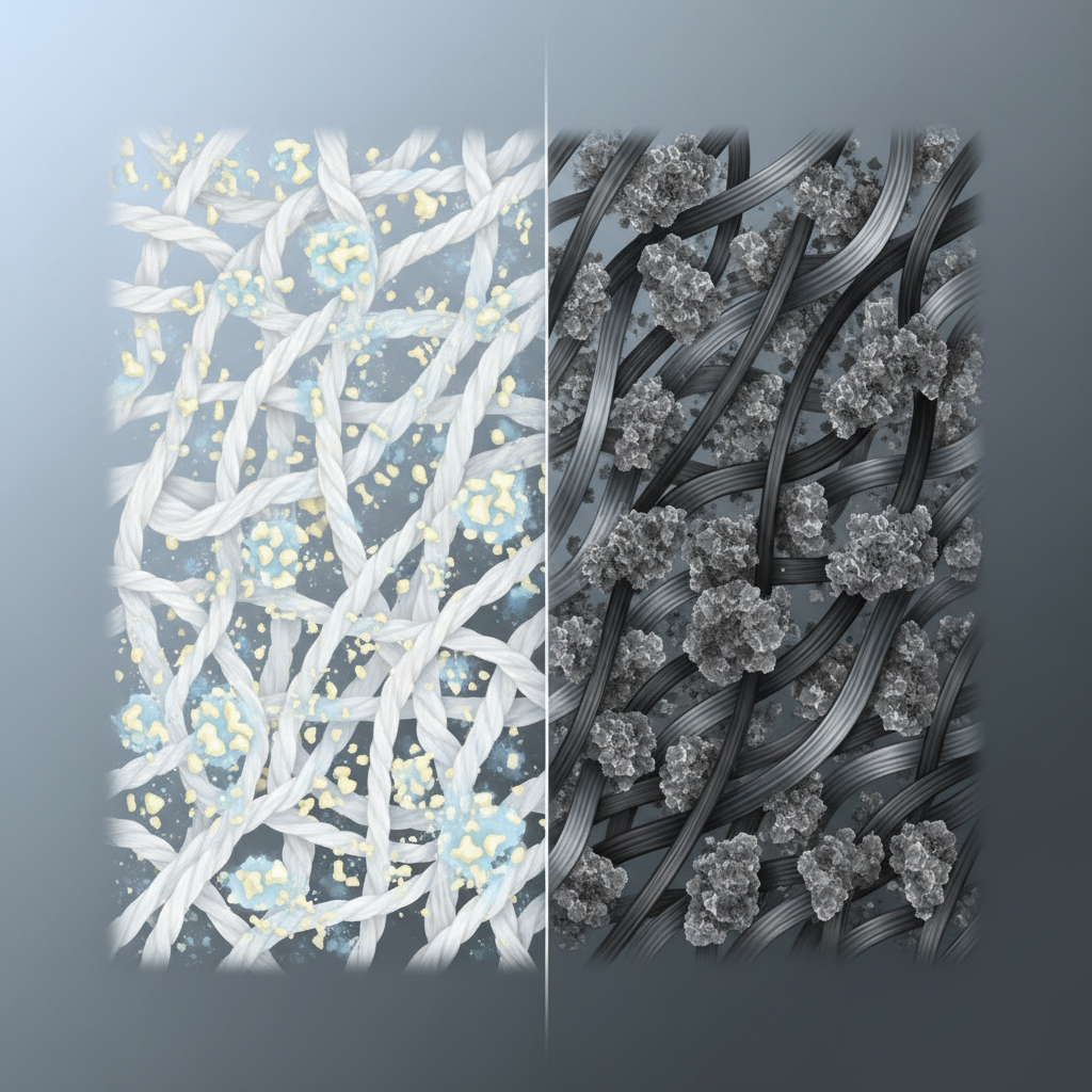 A highly detailed, macro-level scientific illustration showing a cross-section of fabric fibers. On one side, white cotton fibers are intricately intertwined with yellow-white deodorant residue particles, subtly hinting at aluminum salt interactions with sweat. On the other side, dark synthetic fibers display stubborn grey-black, almost baked-in stains. The texture of the fabric should be clearly visible, emphasizing the chemical binding of the residue within the textile structure. The overall impression is clean, educational, and highlights the visual contrast of stains on different fabric types.