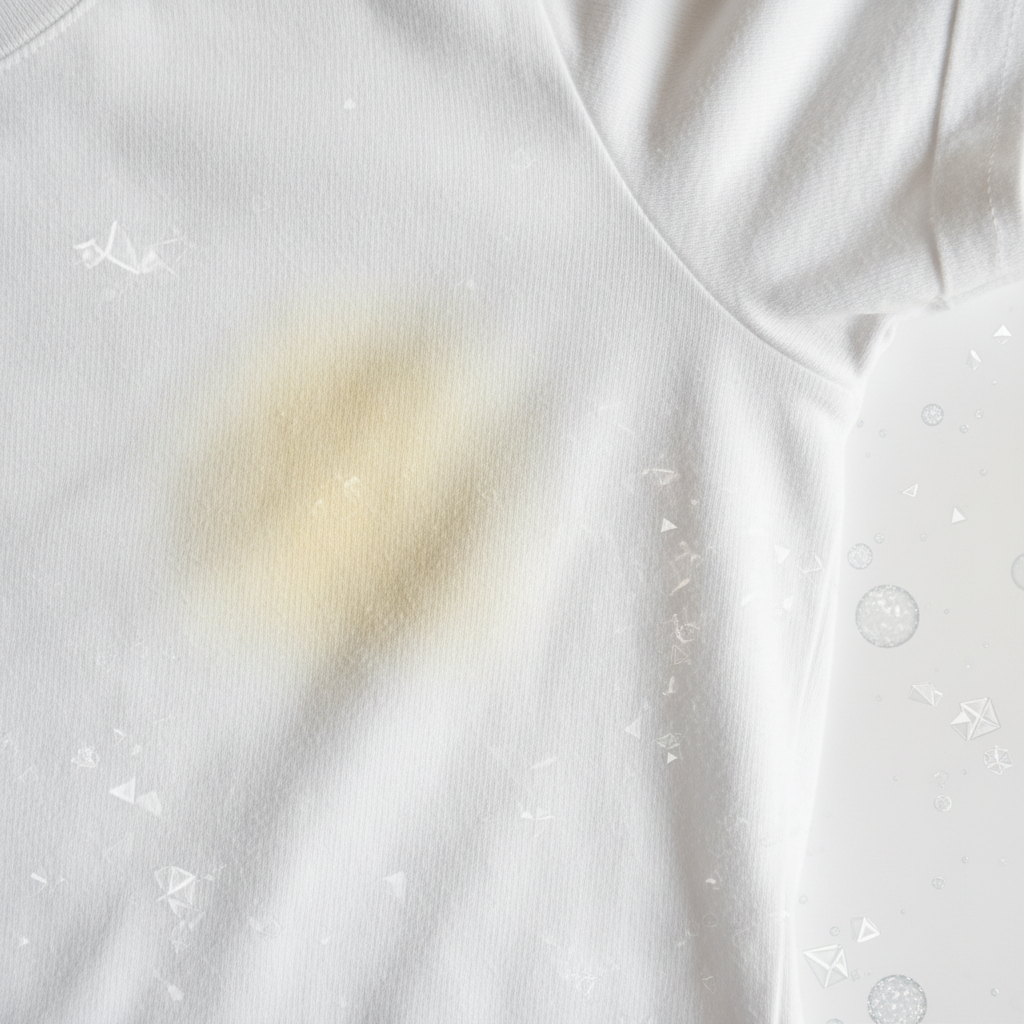 A detailed close-up professional photo of the armpit area of a white cotton t-shirt. A distinct, soft yellow stain is visible, subtly spreading across the fabric fibers. The texture of the cotton is clearly visible, making the stain appear embedded. Subtly integrated into the scene, perhaps as a diffused background element or abstract overlay, are stylized, microscopic representations of sweat droplets and crystalline structures (symbolizing aluminum salts) interacting within the fabric weave, hinting at the chemical cause. The lighting is soft but highlights the unwelcome discoloration.