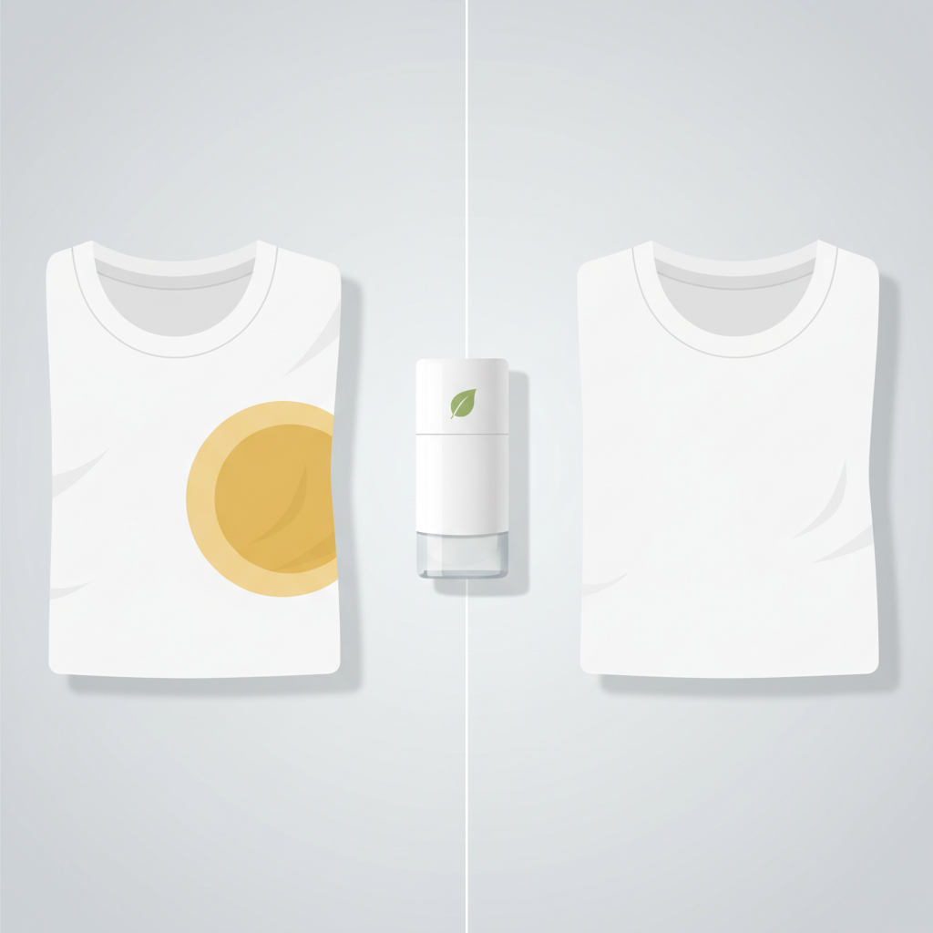 A clean and modern flat illustration depicting a visual comparison. On the left, a neatly folded white t-shirt shows a prominent, circular yellow stain under one armpit, symbolizing the problem. On the right, an identical, pristine white t-shirt is folded impeccably, appearing bright and completely stain-free, representing the desired outcome. Positioned between or slightly in front of the t-shirts, a minimalist, sleek deodorant stick or roll-on bottle is shown, its design conveying 'aluminum-free' or 'stain-friendly' through subtle visual cues like a leaf motif or a clear, simple aesthetic.