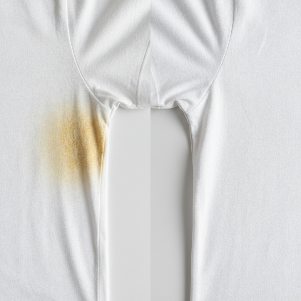 A close-up, highly detailed photo illustration showing the armpit area of a white t-shirt. One side of the t-shirt exhibits a distinct, stubborn yellowish-brown stain, deeply embedded in the fabric, with a slightly rougher texture. The other side of the t-shirt, for comparison, is pristine and bright white, clearly indicating the contrast. The lighting should be bright and clean, emphasizing the stain's appearance and texture without being overly messy. Professional product photography style, clean background.