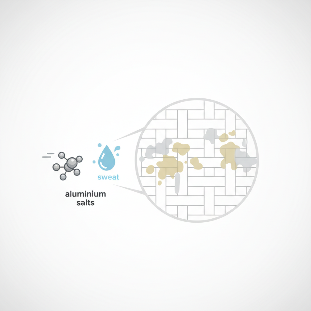 A conceptual flat illustration depicting the microscopic interaction causing deodorant stains. On one side, stylized icons represent key elements like 'aluminium salts' (a small metallic atom cluster) and 'sweat' (a blue water droplet). These elements are shown moving towards and interacting with the interwoven fibers of a white fabric, depicted as an enlarged textile weave. The reaction results in a subtle, abstract yellow-grey discoloration forming and adhering to the fabric threads. The background should be clean and simple, allowing the conceptual elements to stand out. Modern, informative infographic-style illustration.