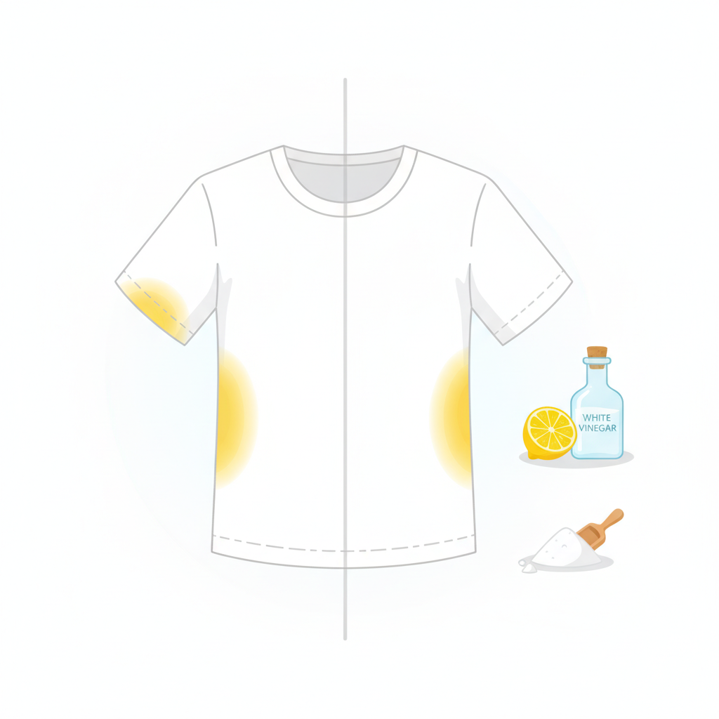 A bright, clean flat illustration depicting a 'before and after' scenario for a white t-shirt. On the left side, the t-shirt shows prominent yellow deodorant stains under the armpit area, appearing dull and worn. A subtle dividing line separates it from the right side, where the same t-shirt is pristine white, fresh, and spotless. Surrounding the clean t-shirt are small, stylized icons of common home remedies: a vibrant yellow lemon half, a clear bottle of white vinegar, and a small mound of white baking soda, all arranged neatly. The overall image should convey cleanliness, effectiveness, and simplicity.