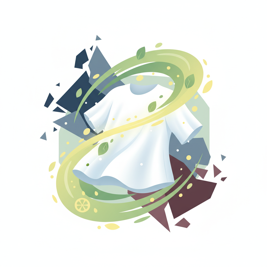 A conceptual, modern vector illustration demonstrating the gentle power of natural cleaning. At the center, a soft, flowing white textile fabric (like a piece of a shirt) is being carefully enveloped and purified by abstract, gentle streams of natural elements, represented by light green and yellow hues (evoking citric acid and vinegar). In the background, slightly faded and pushed away, are abstract, harsher, and darker geometric shapes, symbolizing aggressive chemical cleaners. The visual metaphor should highlight protection and natural efficacy, with a harmonious color palette and a sense of calm rejuvenation.