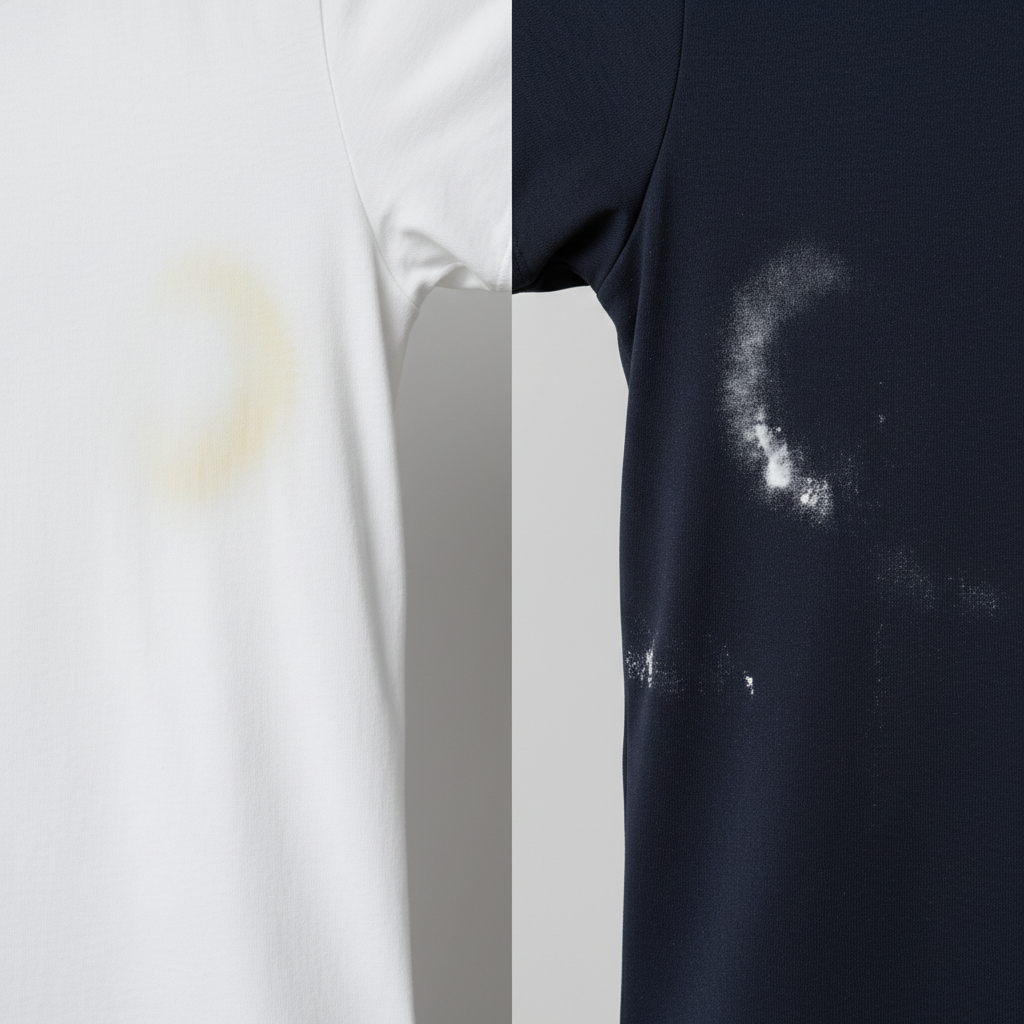 A close-up, professional studio photo depicting the two main types of deodorant stains. On the left, a pristine white cotton t-shirt subtly displays distinct, yellowish armpit stains, indicating oxidation. On the right, a sleek dark navy or black shirt features noticeable white, powdery deodorant residue around the armpit area, showing residue buildup. The lighting is bright and even, highlighting the fabric textures and the clear contrast of the stains. The focus is sharp on the stained regions, emphasizing the visual challenge without being unappealing. The background is a clean, softly blurred neutral tone.