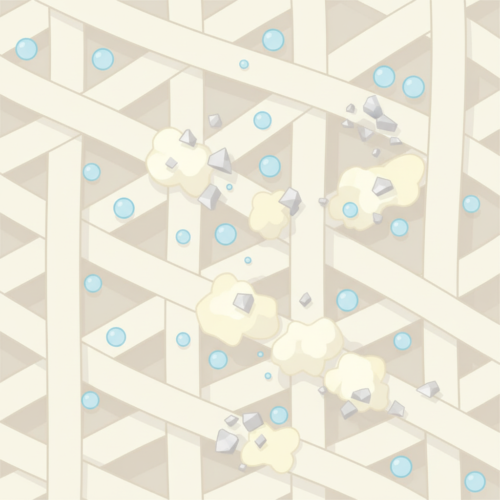 A clear, modern flat illustration showing a conceptual diagram of how deodorant stains form on fabric fibers. The image features an enlarged, interwoven structure representing textile fibers (e.g., cotton). Abstract, tiny blue droplets symbolize sweat, while small, angular silver-grey shapes represent aluminum salts from deodorant. These elements are depicted actively combining and attaching to the fabric strands, forming a visible, slightly yellowish or whitish clumping within the fibers. The overall aesthetic is clean and infographic-like, using a limited, contrasting color palette that visually explains the chemical interaction at a microscopic level.