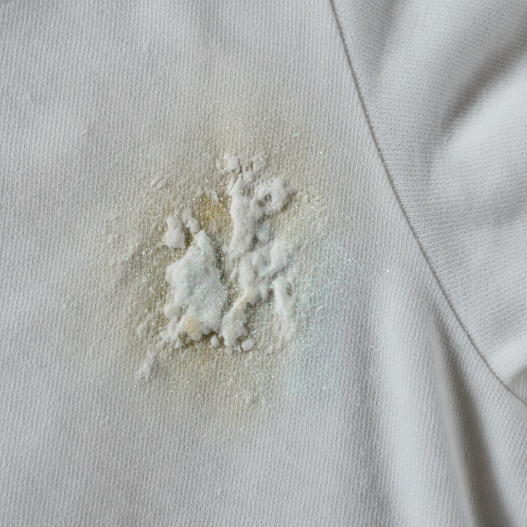 A macro, professional photo focusing on the underarm area of a white or light-colored t-shirt. The fabric fibers are clearly visible, with distinct white and yellowish deodorant residue embedded deep within them, indicating a stubborn stain. Subtle, abstract visual elements, like faint, shimmering particles, could represent the aluminum salts and sweat reacting with the fabric, creating the visible buildup without depicting actual chemical formulas. The lighting should highlight the texture of the stain and the affected fabric. The overall impression should be of a common, frustrating clothing problem.