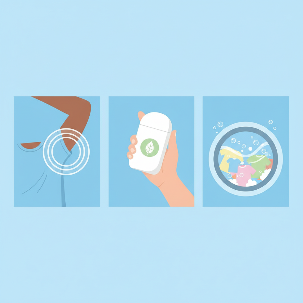 A clean, modern flat illustration depicting key preventative measures against deodorant stains. On the left, a stylized arm has just applied deodorant, with a visible gap and 'drying' effect indicated before a shirt is about to be pulled over it. In the center, a hand holds a generic bottle of deodorant, subtly conveying an 'aluminum-free' or 'gentle' type through its design. On the right, a washing machine drum with colorful clothes being gently agitated in clean water symbolizes proper and timely washing. The scene should feel bright and optimistic, emphasizing easy solutions.