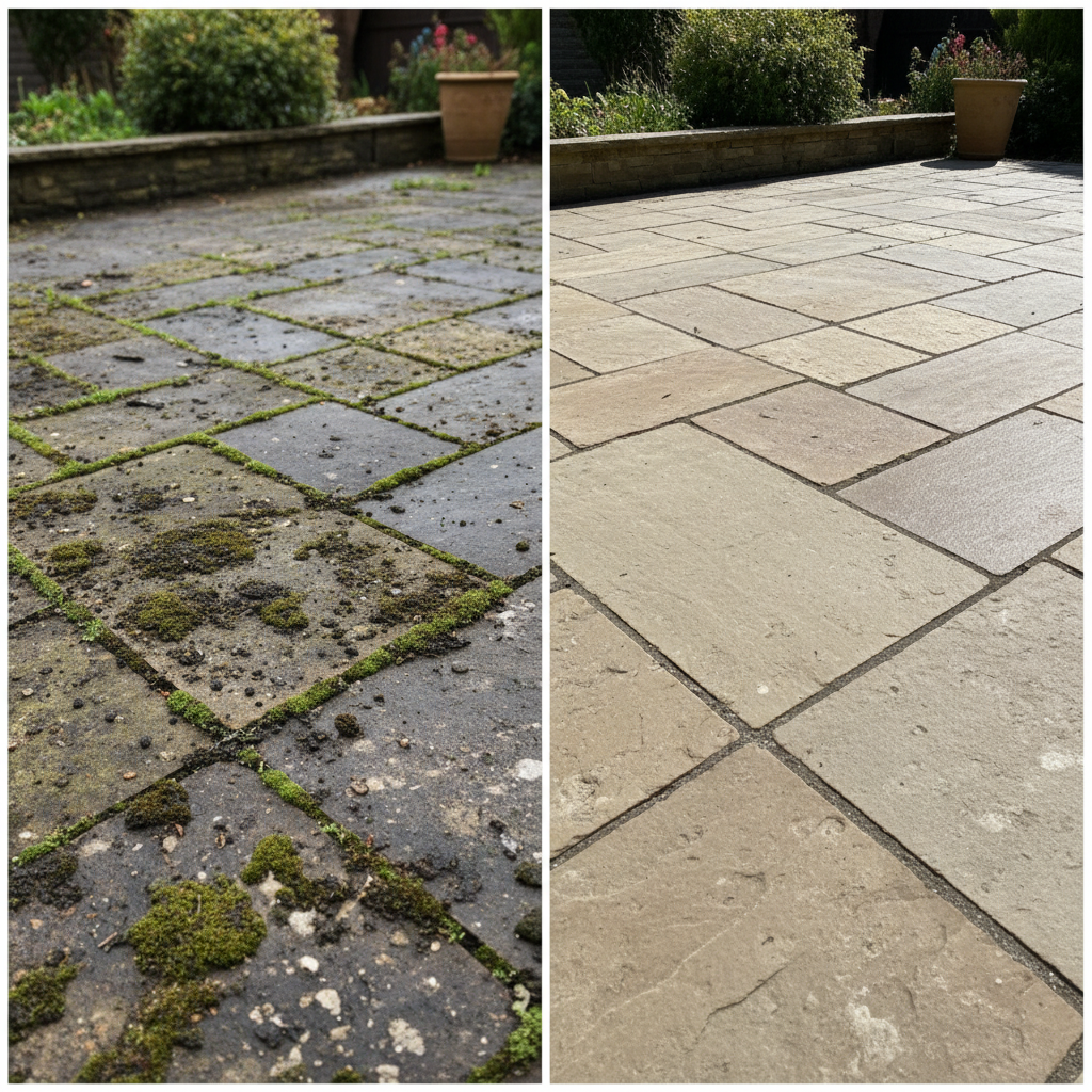 A professional, vibrant photo depicting a split view of an outdoor stone patio. The left half shows a 'before' state: dull, covered in patches of green moss, dark grime, and some environmental dirt, looking worn and unkempt. The right half displays an 'after' state: the same stone patio gleaming, perfectly clean, free of any growth or stains, with its natural color and texture beautifully restored and shining brightly. The contrast should be stark, highlighting the transformative power of cleaning, making the stone appear vibrant and rejuvenated.