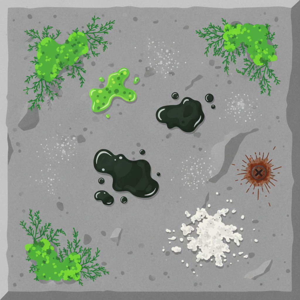 A detailed flat illustration showing a textured grey stone surface, such as a patio tile or wall segment, afflicted by various common types of dirt. Prominently feature distinct patches of vibrant green moss and algae growing on the surface, alongside dark, glossy oil stains. Subtle areas of dull grey environmental dirt should be visible, along with a small, reddish-brown rust spot and a whitish, chalky lime deposit. The illustration should clearly differentiate these specific types of grime, making the problems visible on the stone.