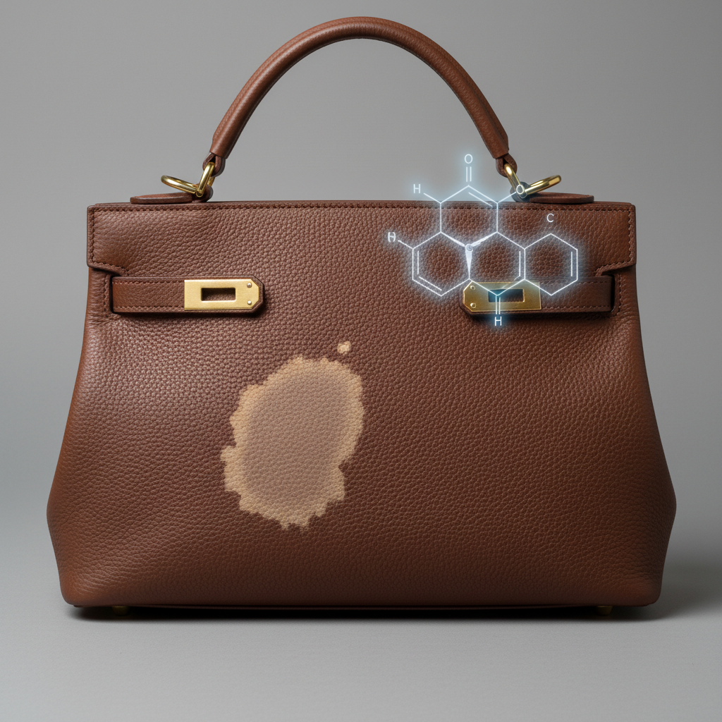 A close-up, professional studio photograph of a stylish, dark brown leather handbag with a noticeable, lighter-colored circular stain on its surface, clearly indicating damage from a liquid. A small, stylized, translucent droplet or a subtle chemical symbol (like an alcohol molecule outline) could be subtly overlayed near the stain to abstractly hint at the cause. The background is clean and minimalistic, allowing the focus to remain entirely on the bag and the blemish. The overall mood is slightly distressed but solvable.