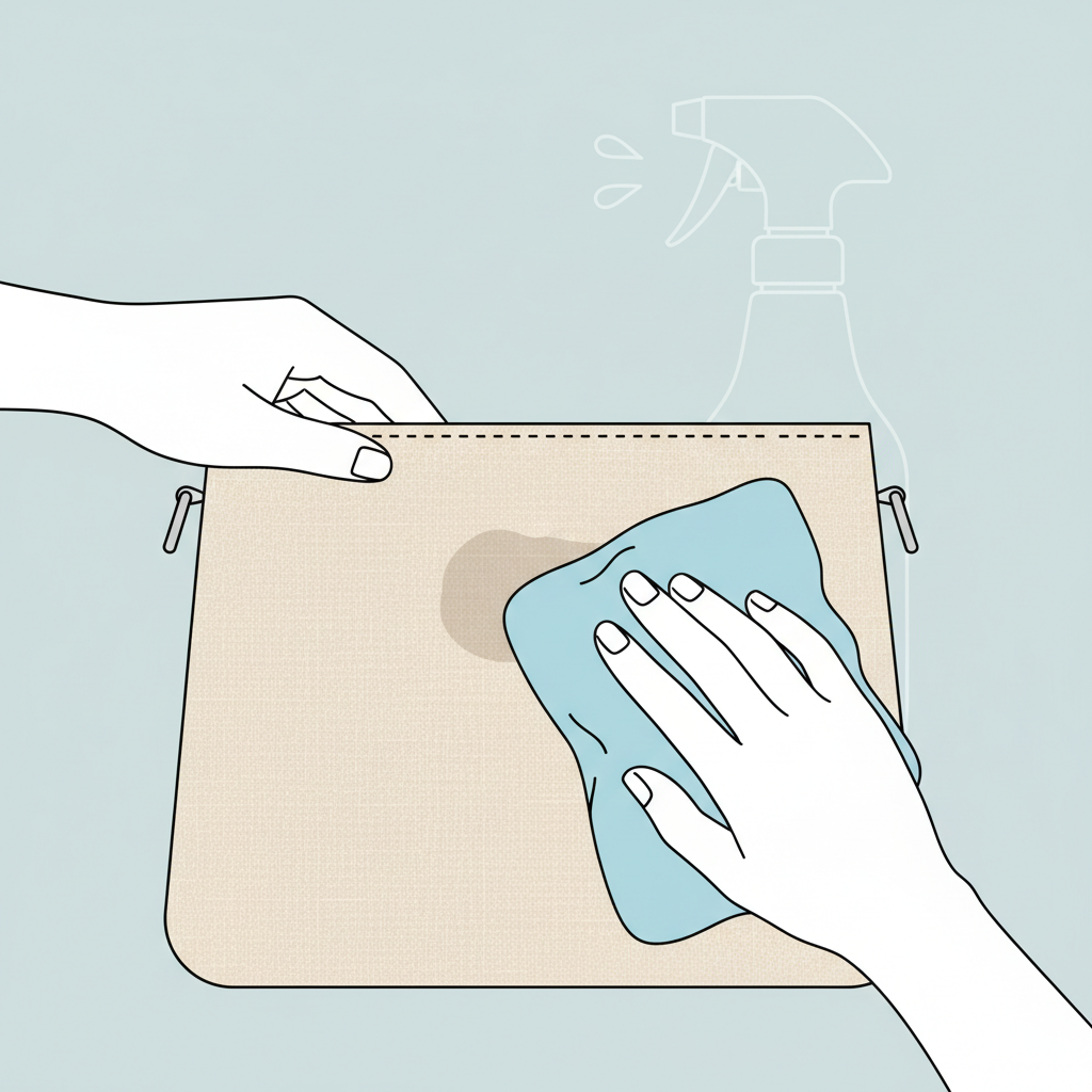 A clean, bright flat illustration depicting a pair of hands in the process of performing first aid on a bag stain. One hand gently holds a section of a light-colored (e.g., beige canvas or faux leather) bag, which has a subtle, wet-looking spot. The other hand uses a soft, light blue microfiber cloth to delicately blot the stained area. A small, clear water droplet symbol or a subtle spray bottle outline could be faintly visible in the background, implying the liquid used. The scene emphasizes gentle, immediate action and cleanliness.