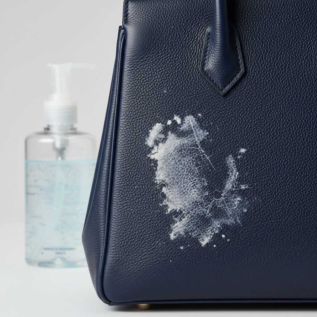 A close-up, professional studio photo of a luxurious leather handbag in a rich, dark color (e.g., deep brown or navy). A prominent, slightly discolored and streaky disinfectant stain is visible on the surface, subtly altering the leather's texture and sheen. In the soft-focus background, a generic bottle of hand sanitizer is subtly blurred, hinting at the cause. The image emphasizes the challenge of the stain on a valuable item, showcasing realistic material damage.